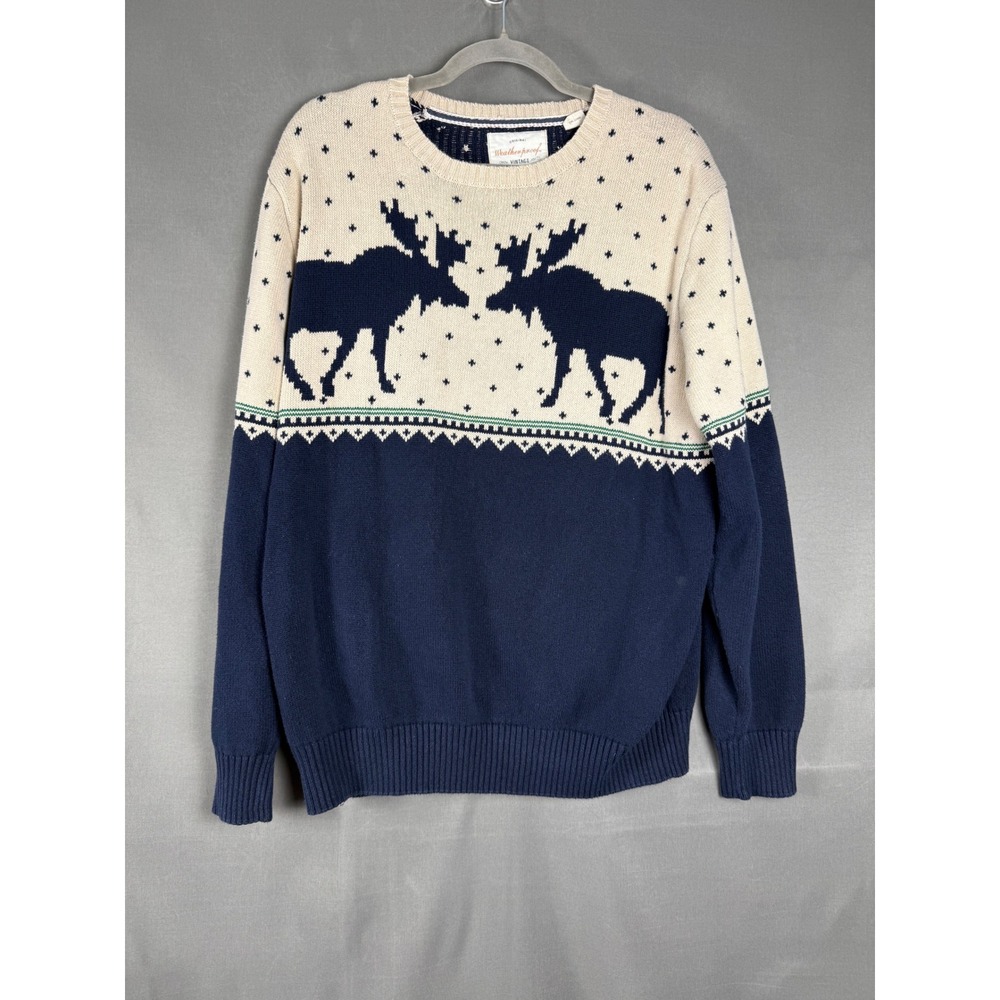 Weatherproof Vintage Sweater Mens Large Navy Cream Moose Fair Isle Cotton Knit